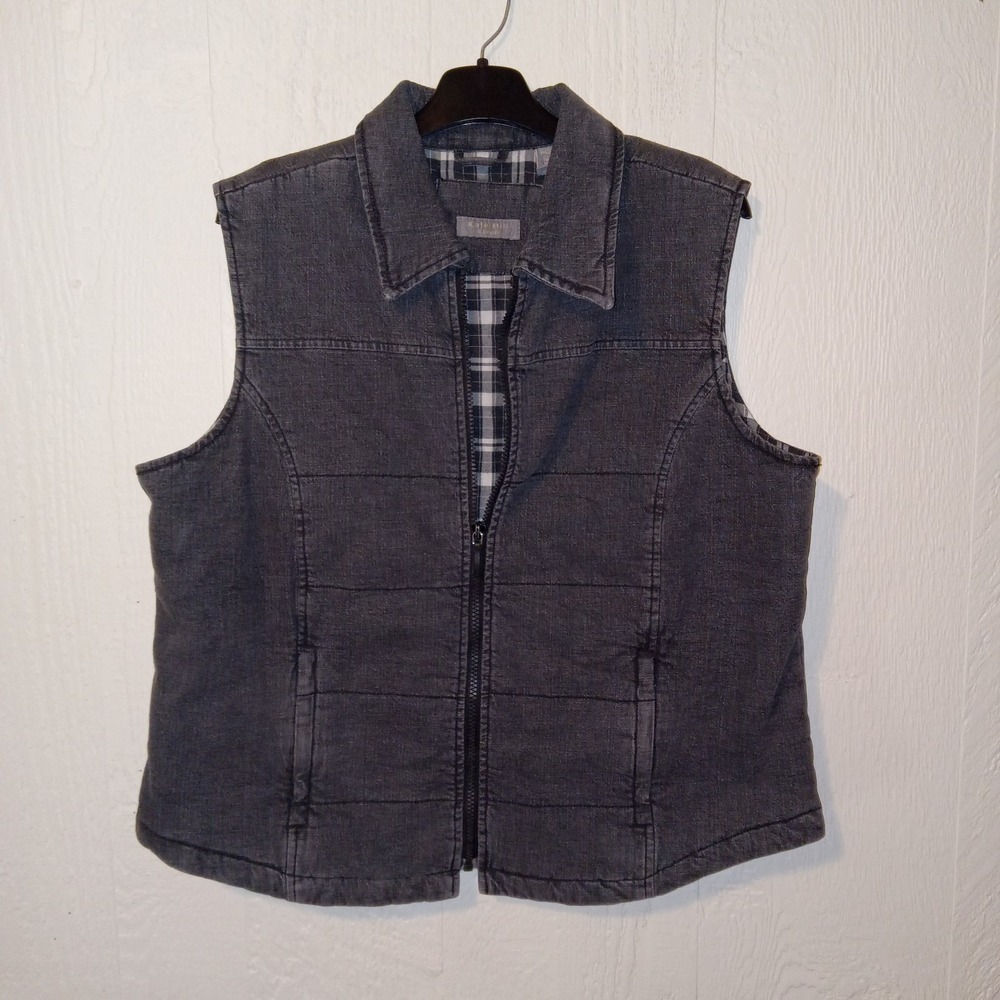 Kate Hill Denim Vest Women XL Black Plaid Lined Full Zip Quilted Jacket